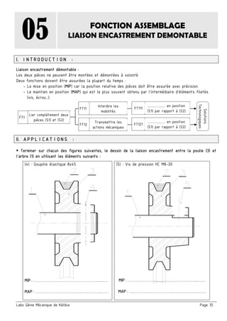 Labo Génie Mécanique de Kélibia Page 35
05 FONCTION ASSEMBLAGE
LIAISON ENCASTREMENT DEMONTABLE
I. INTRODUCTION :
Liaison encastrement démontable :
Les deux pièces ne peuvent être montées et démontées à volonté.
Deux fonctions doivent être assurées la plupart du temps :
- La mise en position (MIP) car la position relative des pièces doit être assurée avec précision.
- Le maintien en position (MAP) qui est le plus souvent obtenu par l’intermédiaire d’éléments filetés
(vis, écrou…).
II. APPLICATIONS :
 Terminer sur chacun des figures suivantes, le dessin de la liaison encastrement entre la poulie (3) et
l’arbre (1) en utilisant les éléments suivants :
(4) : Goupille élastique 8x45
 
 
MIP : ………………...…………………………...……
MAP : ………………………….………..………..……
(5) : Vis de pression HC M8-20
 
 
 
MIP : …………………...…………………………...……
MAP : …………………………….………..………..……
……….… en position
(S1) par rapport à (S2)
Lier complètement deux
pièces (S1) et (S2)
Interdire les
mobilités
Transmettre les
actions mécaniques
……….… en position
(S1) par rapport à (S2)
FT11
FT12
FT111
FT121
FT1
Solutions
Technologiques
 