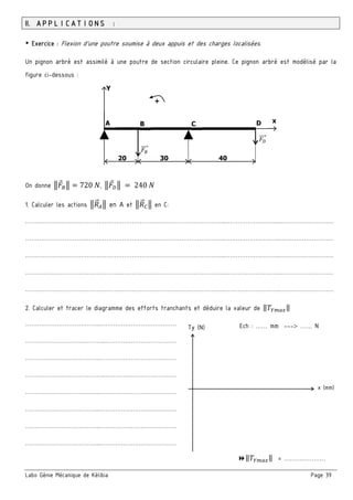 Labo Génie Mécanique de Kélibia Page 39
II. APPLICATIONS :
￭ Exercice : Flexion d’une poutre soumise à deux appuis et des charges localisées.
Un pignon arbré est assimilé à une poutre de section circulaire pleine. Ce pignon arbré est modélisé par la
figure ci-dessous :
On donne 720	 , 	 	240	
1. Calculer les actions en A et en C:
………………………………………………………………………………………..………………………..………………………
………………………………………………………………………………………..………………………..………………………
………………………………………………………………………………………..………………………..………………………
………………………………………………………………………………………..………………………..………………………
………………………………………………………………………………………..………………………..………………………
2. Calculer et tracer le diagramme des efforts tranchants et déduire la valeur de ‖ ‖
………………………………..…………………………………
…………………………………..………………………………
………………………………..…………………………………
…………………………………..………………………………
………………………………..…………………………………
………………………………..…………………………………
………………………………..…………………………………
………………………………..…………………………………
A B C D
Y
x
20 30 40
+
Ty (N)
x (mm)
Ech : …… mm --- …… N
‖ ‖ = …………………
 