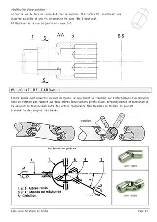 Labo Génie Mécanique de Kélibia Page 49
Modification d’une solution :
a/ Sur la vue de face en coupe A-A, lier le manchon (3) à l’arbre (1) en utilisant une
clavette parallèle et une vis de pression Hc sans tête à bout plat.
b/ Représenter la vue de gauche en coupe S-S. 
IV. JOINT DE CARDAN :
Encore appelé joint universel ou joint de Hooke. Le mouvement se transmet par l'intermédiaire d'un croisillon
libre en rotation par rapport aux deux arbres (deux liaisons pivots d'axes perpendiculaires et concourants).
Ils assurent la transmission entre des arbres concourants. Non flexibles en torsion, ils peuvent
transmettre des couples très élevés.
Représentation générale
Joint simple
 
Joint double
 