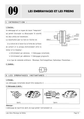 Labo Génie Mécanique de Kélibia Page 53
09 LES EMBRAYAGES ET LES FREINS
I. INTRODUCTION :
1. Fonction :
Un embrayage est un organe de liaison "temporaire"
qui permet d'accoupler ou désaccoupler (à volonté)
les deux arbres de transmission.
La classification peut se faire en fonction de :
□ La nature de la liaison (ou la forme des surfaces
de contact) et le principe d’entraînement entre le
moteur et le récepteur :
▷ Entraînement par obstacles  Embrayages instantanés
▷ Entraînement par adhérence  Embrayages progressifs
□ Le type de commande extérieure : Mécanique, Electromagnétique, Hydraulique, Pneumatique, …
2. Symbole :
II. LES EMBRAYAGES INSTANTANES :
1. Principe :
Les embrayages instantanés doivent être manœuvrés à ……………………………………..……………………………
2. Embrayages à dents :
Dents …………………… Dents ……………………
Remarque :
L’embrayage de type B (en dents de loup) permet l’entrainement en ………………………………………………….
…………………. ………………….
………………….
 