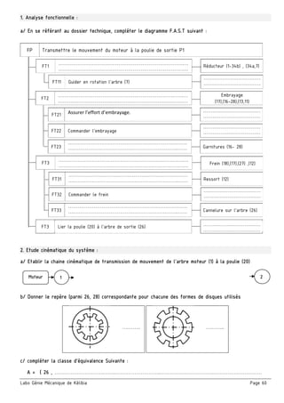 Labo Génie Mécanique de Kélibia Page 60
1. Analyse fonctionnelle :
a/ En se référant au dossier technique, compléter le diagramme F.A.S.T suivant :
 
2. Etude cinématique du système :
a/ Etablir la chaine cinématique de transmission de mouvement de l’arbre moteur (1) à la poulie (20)
b/ Donner le repère (parmi 26, 28) correspondante pour chacune des formes de disques utilisés
….…….. ….……..
c/ compléter la classe d’équivalence Suivante :
A = { 26 , ………………………….……..………………………..………………………………………….……………
………………………………
………………………………
…………………………………………………………………….…
…………………………….…………………………………………
Guider en rotation l’arbre (7)
FT1
FT11
Réducteur (1-34b) , (34a,7)
Transmettre le mouvement du moteur à la poulie de sortie P1FP
Lier la poulie (20) à l’arbre de sortie (26)FT3 ………………………………
………………………………
………………………………
………………………………
…………………………………………………………………….…
…………………………….…………………………………………
Assurer l’effort d’embrayage. 
FT2
FT21
………………………………
………………………………Commander l’embrayageFT22
Garnitures (16- 28)
…………………………………………………………………
….……………………………….………………………..……FT23
Embrayage
(17),(16-28),(13,11)
Ressort (12)
…………………………………………………………………….…
…………………………….…………………………………………
…………………………………………………………………
….……………………………….………………………..……
FT3
FT31
………………………………
………………………………Commander le freinFT32
Cannelure sur l’arbre (26)
…………………………………………………………………
….……………………………….………………………..……FT33
Frein (18),(17),(27) ,(12)
Moteur 1 2
 