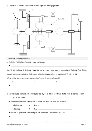 Labo Génie Mécanique de Kélibia Page 61
d/ Compléter le schéma cinématique du sous-système embrayage-frein
2. Etude de l’embrayage-frein :
a/ Justifier l’utilisation d’un embrayage multidisques
 ………………………….……..………………………..………………………………….………………………………….
b/ Calculer la force de freinage F exercée par le ressort pour vaincre un couple de freinage = 30 Nm
sachant que le coefficient de frottement entre le plateau (16) et la garniture (27) est f = 0,4
NB : prendre les mesures nécessaires directement du dessin d’ensemble
n = …..………………… r = …..………………… R = …..…………………
 ………………………….……..………………………..………………………………….………………………………….
………………………….……..………………………..………………………………….………………………………….
c/ Soit le couple transmis par l’embrayage est = 20 Nm et la vitesse de rotation de l’arbre (7) est
= 500 tr/mn
■ Donner la vitesse de rotation de la poulie (20) pour les deux cas suivants :
- Embrayage  = …..……………………………………..……………
- Freinage  = …..……………………………………..……………
■ Calculer la puissance transmise par cet embrayage : on donne P = Ce .ω
 ………………………….……..………………………..………………………………….………………………………….
………………………….……..………………………..………………………………….………………………………….
7
6 
1
(8, 11 ,13) 
21
 