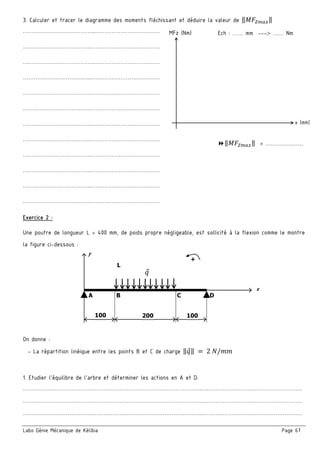 Labo Génie Mécanique de Kélibia Page 67
3. Calculer et tracer le diagramme des moments fléchissant et déduire la valeur de ‖ ‖
…………………………………..………………………………
………………………………..…………………………………
…………………………………..………………………………
………………………………..…………………………………
………………………………..…………………………………
………………………………..…………………………………
………………………………..…………………………………
………………………………..…………………………………
………………………………..…………………………………
………………………………..…………………………………
………………………………..…………………………………
………………………………..…………………………………
Exercice 2 :
Une poutre de longueur L = 400 mm, de poids propre négligeable, est sollicité à la flexion comme le montre
la figure ci-dessous :
On donne :
- La répartition linéique entre les points B et C de charge ‖ ‖	 	2	 /
1. Etudier l’équilibre de l’arbre et déterminer les actions en A et D:
………………………………………………………………………………………..………………………..………………………
………………………………………………………………………………………..………………………..………………………
………………………………………………………………………………………..………………………..………………………
MFz (Nm)
‖ ‖ = …………………
Ech : …… mm --- …… Nm
x (mm)
A
y
+
D
x
L
100 200 100
B C
 