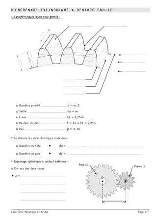 Labo Génie Mécanique de Kélibia Page 73
II. ENGRENAGE CYLINDRIQUE A DENTURE DROITE :
1. Caractéristiques d’une roue dentée :
□ Diamètre primitif ..…................................. .
□ Saillie ……………..….................................
□ Creux ……………..…................................. 1,25	
□ Hauteur du dent ..…................................ 2,25
□ Pas ..…………………................................. .
 En déduire les caractéristiques ci-dessous
□ Diamètre de tête  = ……………………………………………………………………………
□ Diamètre de pied  = ……………………………………………………………………………
 Engrenage cylindrique à contact extérieur :
□ Entraxe des deux roues :
 = ……………………………………………
……………………………………………
……………………………………………
……………………………………………
………………….....
………………….....
………………….....
…………………..... ………………….....
………………….....
………………….....
………………….....
…………...…..
Roue (2)
Pignon (1)
 