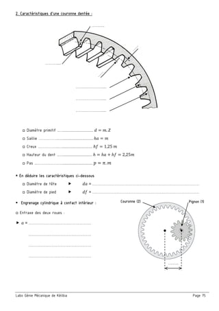 Labo Génie Mécanique de Kélibia Page 75
2. Caractéristiques d’une couronne dentée :
□ Diamètre primitif ..…................................. .
□ Saillie ……………..….................................
□ Creux ……………..…................................. 1,25	
□ Hauteur du dent ..…................................ 2,25
□ Pas ..…………………................................. .
 En déduire les caractéristiques ci-dessous
□ Diamètre de tête  = ……………………………………………………………………………
□ Diamètre de pied  = ……………………………………………………………………………
 Engrenage cylindrique à contact intérieur :
□ Entraxe des deux roues :
 = ……………………………………………
……………………………………………
……………………………………………
……………………………………………
………..
………………….....
………………….....
………………….....
……….....
….…..
Couronne (2) Pignon (1)
 