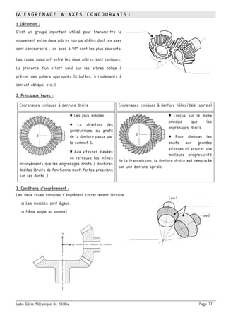 Labo Génie Mécanique de Kélibia Page 77
IV. ENGRENAGE A AXES CONCOURANTS :
1. Définition :
C'est un groupe important utilisé pour transmettre le
mouvement entre deux arbres non parallèles dont les axes
sont concourants ; les axes à 90° sont les plus courants.
Les roues assurant entre les deux arbres sont coniques.
La présence d’un effort axial sur les arbres oblige à
prévoir des paliers appropriés (à butées, à roulements à
contact oblique, etc...)
2. Principaux types :
Engrenages coniques à denture droite Engrenages coniques à denture hélicoïdale (spirale)
 Les plus simples.
 La direction des
génératrices du profil
de la denture passe par
le sommet S.
 Aux vitesses élevées
on retrouve les mêmes
inconvénients que les engrenages droits à dentures
droites (bruits de fonctionne ment, fortes pressions
sur les dents...)
 Conçus sur le même
principe que les
engrenages droits.
 Pour diminuer les
bruits aux grandes
vitesses et assurer une
meilleure progressivité
de la transmission, la denture droite est remplacée
par une denture spirale.
3. Conditions d’engrènement :
Les deux roues coniques s’engrènent correctement lorsque
□ Les modules sont égaux.
□ Même angle au sommet
………..….
………….
………..………….
………..………….
…………..….
 
