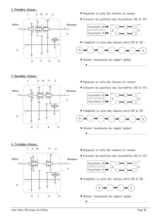 Labo Génie Mécanique de Kélibia Page 85
2. Première vitesse :
 Repasser la suite des liaisons en couleur.
 Entourer les positions des fourchettes (10) et (11) :
 Compléter la suite des liaisons entre (M) et (R) :
 Donner l’expression du rapport global :
 …………………..………………………………………
3. Deuxième vitesse :
 Repasser la suite des liaisons en couleur.
 Entourer les positions des fourchettes (10) et (11) :
 Compléter la suite des liaisons entre (M) et (R) :
 Donner l’expression du rapport global :
 …………………..………………………………………
4. Troisième vitesse :
 Repasser la suite des liaisons en couleur.
 Entourer les positions des fourchettes (10) et (11) :
 Compléter la suite des liaisons entre (M) et (R) :
 Donner l’expression du rapport global :
 …………………..………………………………………
1 2 3
Récepteur
4
5678
Moteur
10 11
9
G
Fourchette 10
D
Fourchette 11
… …  …  …  …  RM
1 2 3
Récepteur
4
5678
Moteur
10 11
9
1 2 3
Récepteur
4
5678
Moteur
10 11
9
G
Fourchette 10
D
Fourchette 11
… …  …  …  …  RM
G
Fourchette 10
D
Fourchette 11
… …  RM
 