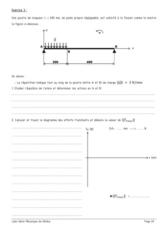 Labo Génie Mécanique de Kélibia Page 69
Exercice 3 :
Une poutre de longueur L = 600 mm, de poids propre négligeable, est sollicité à la flexion comme le montre
la figure ci-dessous :
On donne :
- La répartition linéique tout au long de la poutre (entre A et B) de charge ‖ ‖	 	3	 /
1. Etudier l’équilibre de l’arbre et déterminer les actions en A et B:
………………………………………………………………………………………..………………………..………………………
………………………………………………………………………………………..………………………..………………………
………………………………………………………………………………………..………………………..………………………
………………………………………………………………………………………..………………………..………………………
2. Calculer et tracer le diagramme des efforts tranchants et déduire la valeur de ‖ ‖
………………………………..…………………………………
…………………………………..………………………………
………………………………..…………………………………
…………………………………..………………………………
………………………………..…………………………………
………………………………..…………………………………
………………………………..…………………………………
………………………………..…………………………………
………………………………..…………………………………
………………………………..…………………………………
………………………………..…………………………………
………………………………..…………………………………
A
y
+
B x
200 400
B
Ty (N)
x (mm)
Ech : …… mm --- …… N
‖ ‖ = …………………
 