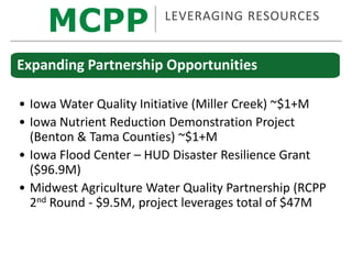 Expanding Partnership Opportunities
• Iowa Water Quality Initiative (Miller Creek) ~$1+M
• Iowa Nutrient Reduction Demonstration Project
(Benton & Tama Counties) ~$1+M
• Iowa Flood Center – HUD Disaster Resilience Grant
($96.9M)
• Midwest Agriculture Water Quality Partnership (RCPP
2nd Round - $9.5M, project leverages total of $47M
MCPP LEVERAGING RESOURCES
 