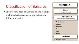 Classification of Seizures
• Seizures have been categorized by site of origin,
etiology, electrophysiologic correlation, and
clinical presentation
 