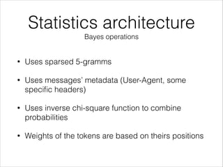 Statistics architecture
Bayes operations
• Uses sparsed 5-gramms
• Uses messages’ metadata (User-Agent, some
speciﬁc headers)
• Uses inverse chi-square function to combine
probabilities
• Weights of the tokens are based on theirs positions
 