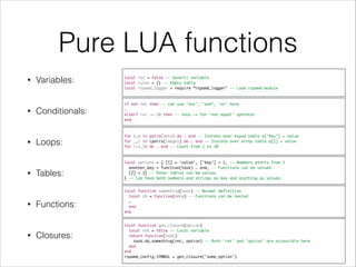 Pure LUA functions
• Variables:
• Conditionals:
• Loops:
• Tables:
• Functions:
• Closures:
local ret = false -- Generic variable
local rules = {} -- Empty table
local rspamd_logger = require “rspamd_logger" -- Load rspamd module
if not ret then -- can use ‘not’, ‘and’, ‘or’ here
…
elseif ret ~= 10 then -- note ~= for ‘not equal’ operator
end
for k,m in pairs(opts) do … end -- Iterate over keyed table a[‘key’] = value
for _,i in ipairs(images) do … end -- Iterate over array table a[1] = value
for i=1,10 do … end -- Count from 1 to 10
local options = { [1] = ‘value’, [‘key’] = 1, -- Numbers starts from 1
another_key = function(task) … end, -- Functions can be values
[2] = {} -- Other tables can be values
} -- Can have both numbers and strings as key and anything as values
local function something(task) -- Normal definition
local cb = function(data) -- Functions can be nested
…
end
end
local function gen_closure(option)
local ret = false -- Local variable
return function(task)
task:do_something(ret, option) -- Both ‘ret’ and ‘option’ are accessible here
end
end
rspamd_config.SYMBOL = gen_closure(‘some_option’)
 