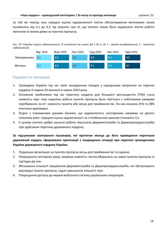 «Наш кордон» - громадський моніторинг / За чесну та прозору митницю серпень ’23
18
за той же період часу середня оцінка задоволеності якістю обслуговування митниками також
коливалась від 4,1 до 4,3. Це свідчить про те, що опитані також були задоволені якістю роботи
митників та їхніми діями на пунктах пропуску.
Рис. 19. Середня оцінка задоволеності, % опитаних (на шкалі від 1 до 5, де 1 - зовсім незадоволений, 5 - повністю
задоволений)
Підсумки та пропозиції
1. Громадяни України під час своїх закордонних поїздок у середньому витрачали на перетин
кордону 4 години 24 хвилини в червні 2023 року.
2. Основною проблемою під час перетину кордону для більшості респондентів (74%) стала
наявність черг. Інші недоліки роботи пунктів пропуску були пов’язані з побутовими умовами
перебування, як-от: наявність туалету або місця для приймання їжі. На них вказали 25% та 28%
опитаних відповідно.
3. Згідно з отриманими даними бачимо, що задоволеність санітарними умовами на досить
низькому рівні. Середня оцінка задоволеності за п’ятибальною шкалою становить 3,1.
4. У цілому опитані добре оцінили роботу персоналу Держмитслужби та Держприкордонслужби
при здійсненні перетину державного кордону.
За підсумками опитування пасажирів, які протягом місяця до його проведення перетнули
державний кордон, сформовано пропозиції з покращення ситуації при перетині громадянами
України державного кордону України.
1. Подальша організація на пунктах пропуску місць для приймання їжі та сидіння.
2. Покращення санітарних умов, зокрема наявність чистих вбиралень на самих пунктах пропуску та
під’їздах до них.
3. Збільшення кількості працівників Держмитслужби та Держприкордонслужби, які обслуговують
відповідні пункти пропуску, задля зменшення кількості черг.
4. Покращення доступу до мереж мобільного зв’язку українських операторів.
 