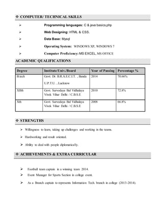  COMPUTER/ TECHNICAL SKILLS
 Programming languages: C & java basics,php
 Web Designing: HTML & CSS.
 Data Base: Mysql
 Operating System: WINDOWS XP, WINDOWS 7
 Computer Proficiency: MS EXCEL, MS OFFICE
ACADEMIC QUALIFICATIONS
Degree Institute/Univ./Board Year of Passing Percentage %
B.tech Govt. Dr. B.R.A.E.C.I.T. , Banda
U.P.T.U. , Lucknow
2014 70.66%
XIIth Govt. Sarvodaya Bal Vidhalaya
Vivek Vihar Delhi / C.B.S.E
2010 72.8%
Xth Govt. Sarvodaya Bal Vidhalaya
Vivek Vihar Delhi / C.B.S.E
2008 66.8%
 STRENGTHS
 Willingness to learn, taking up challenges and working in the teams.
 Hardworking and result oriented.
 Ability to deal with people diplomatically.
 ACHIEVEMENTS & EXTRA CURRICULAR
 Football team captain in a winning team 2014.
 Event Manager for Sports Section in college event.
 As a Branch captain to represents Information Tech. branch in college (2013-2014).
 