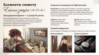 Годинник Джіма
Волосся Делли
Цим скарбам позаздрили б цариця Савська та цар Соломон
Скарби подружжя
Джіму давно потрібне
було нове пальто, рукавички;
годинник висів на шкіряному
ремінці
У Делли старенький
коричневий жакет,
старенький коричневий
капелюшок
Квартирка на верхньому поверсі, поштова скринька
зламана, кнопка дзвінка давно не працює, табличка
на дверях потьмяніла, на підлозі старий червоний килим,
біля стіни старенька кушетка, трюмо ледве поміщається
в простінку між вікнами
Скрутне становище сім'ї Діллінгемів
Вона відвойовувала кожну монетку, торгуючись
із бакалійником, зеленярем, м’ясником так запекло,
що аж вуха палали від мовчазного осуду її скупості,
викликаної надмірною ощадливістю.
Делла тричі перелічила гроші…
Заощадження Делли ― 1 долар 87 центів
Елементи сюжету
 