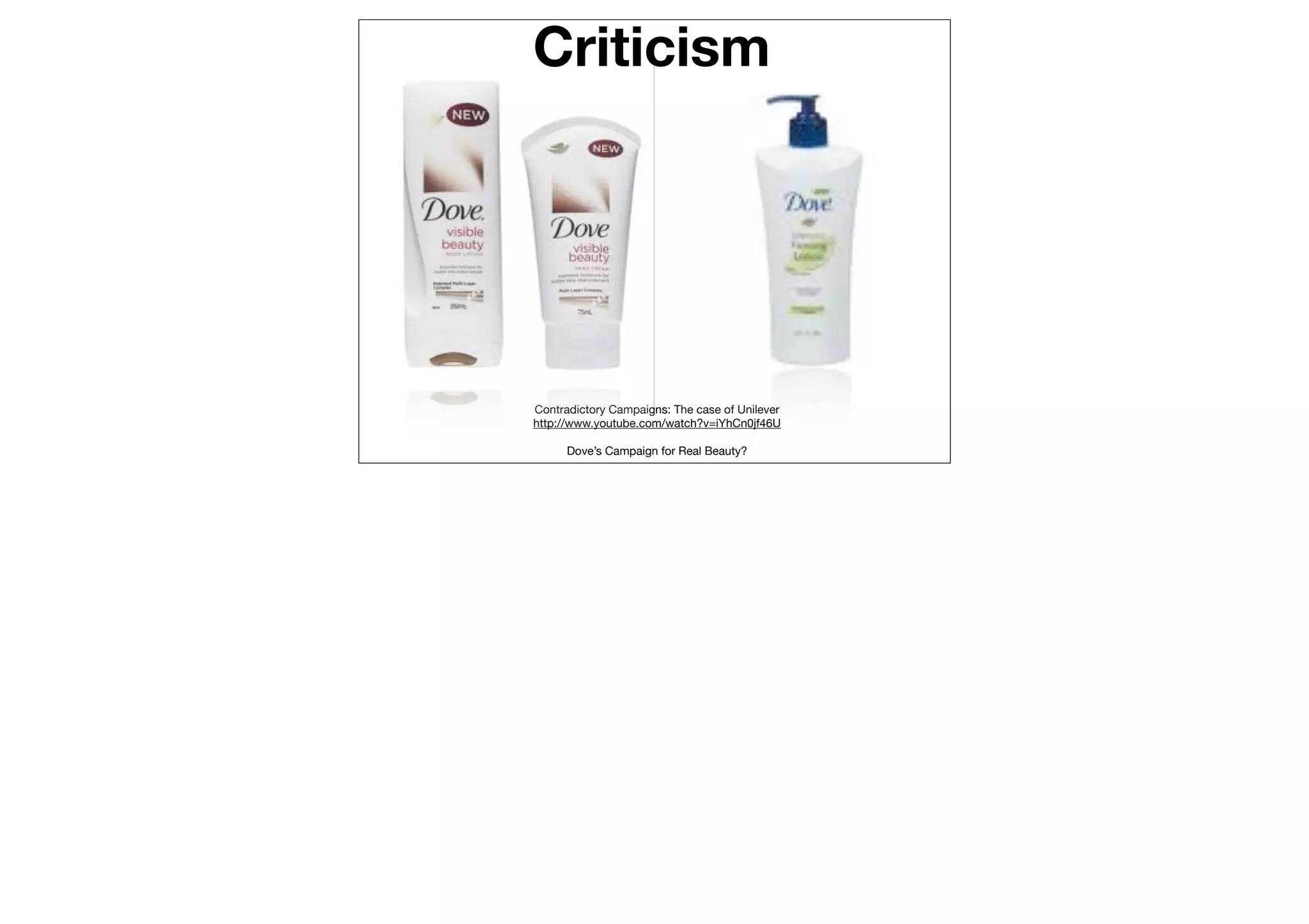 Criticism




Contradictory Campaigns: The case of Unilever
http://www.youtube.com/watch?v=iYhCn0jf46U

      Dove’s Campaign for Real Beauty?
 