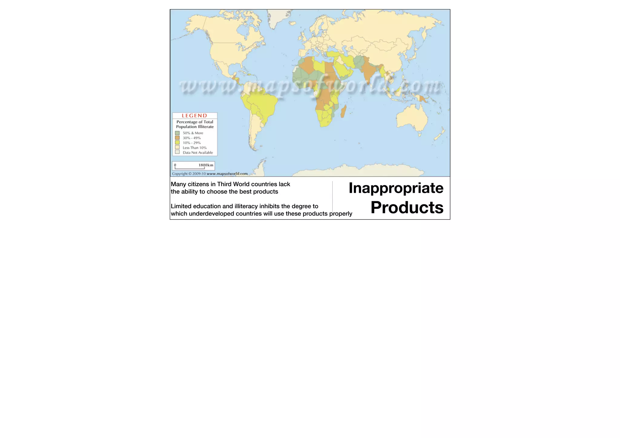 Many citizens in Third World countries lack
the ability to choose the best products                      Inappropriate
Limited education and illiteracy inhibits the degree to
which underdeveloped countries will use these products properly   Products
 