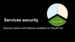 Services security
Security options and features available on CloudFront
Infrastructure
Security
Application
Security
Servi...