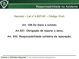 Decreto – Lei n°4.657/42 – Código Civil:
Art. 186.Do Dano a outrem;
Art.927. Obrigação de reparar o dano;
Art. 932. Responsabilidade solidária da reparação;
Responsabilidade no Acidente
Valores e Atitudes Seguras! / http://valoreseatitudes.blogspot.com
 