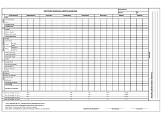 de mão
pedal
dianteiros
traseiros
Sinalização
Data Hora Turno Horímetro
Data Hora Turno Horímetro
Data Hora Turno Horímetro
Data Hora Turno Horímetro
1
inclui: vazamento de GLP, válvula de alívio e abraçadeira do cilindro.
2
aplicável somente nas empilhadeiras que possuem este dispositivo
3
inclui: faróis e sinaleira, luz de freio, luz de ré e giroflex.
Observação: As empilhadeiras possuem controlador eletrônico de velocideade
DADOS
Dia da semana
Data
Direção
Óleo hidráulico
Instrumento do painel
ITENSDESEGURANÇAITENSGERAIS
Cilindro de gás
1
Garfos
Freios
Buzina
Vazamentos
Pneus
Troca de operador no turno:
Troca de operador no turno:
Ignição
Bateria
Assinatura do operador
Troca de operador no turno:
Abastecimento
Banco do operador
Manômetro
Sinalização Visual
3
Lacre do governor
2
Espelho retrovisor
Sexta-feira
Extintor de incêndio
Hora da vistoria
Horímetro inicial
Cinto de segurança
Quarta-feira Quinta-feiraTerça-feiraSegunda-feira
Turno
Horímetro final
Nome
SupervisorOperador de empilhadeira Encarregado
Troca de operador no turno:
Óleo do motor
Água do radiador
Óleo de transmissão
(NA)Nãoaplicávelsistemaeletrônico
INSPEÇÃO DIÁRIA DAS EMPILHADEIRAS
Observação:
Nome
Nome
Nome
Sábado
Empilhadeira
Modelo: Nº:
Domingo
 