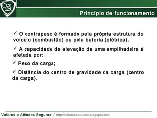  O contrapeso é formado pela própria estrutura do
veículo (combustão) ou pela bateria (elétrica).
 A capacidade de elevação de uma empilhadeira é
afetada por:
 Peso da carga;
 Distância do centro de gravidade da carga (centro
da carga).
Princípio de funcionamento
Valores e Atitudes Seguras! / http://valoreseatitudes.blogspot.com
 