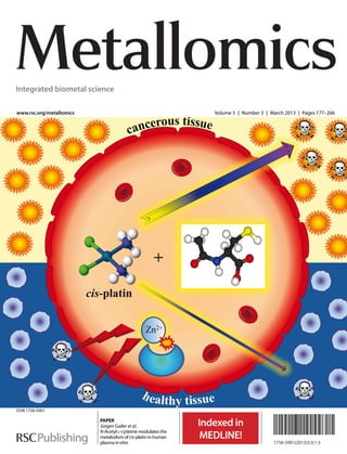 ISSN 1756-5901
1756-5901(2013)5:3;1-3
www.rsc.org/metallomics Volume 5 | Number 3 | March 2013 | Pages 177–266
PAPER
Jürgen Gailer et al.
N-Acetyl-L-cysteine modulates the
metabolism of cis-platin in human
plasma invitro
MetallomicsIntegrated biometal science
 