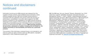 27 3/17/2017
Notices and disclaimers
continued
Information concerning non-IBM products was obtained from the
suppliers of those products, their published announcements or other
publicly available sources. IBM has not tested those products in
connection with this publication and cannot confirm the accuracy of
performance, compatibility or any other claims related to non-IBM
products. Questions on the capabilities of non-IBM products should be
addressed to the suppliers of those products. IBM does not warrant the
quality of any third-party products, or the ability of any such third-party
products to interoperate with IBM’s products. IBM expressly disclaims
all warranties, expressed or implied, including but not limited to, the
implied warranties of merchantability and fitness for a particular,
purpose.
The provision of the information contained herein is not intended to, and
does not, grant any right or license under any IBM patents, copyrights,
trademarks or other intellectual property right.
IBM, the IBM logo, ibm.com, Aspera®, Bluemix, Blueworks Live, CICS,
Clearcase, Cognos®, DOORS®, Emptoris®, Enterprise Document
Management System™, FASP®, FileNet®, Global Business Services®,
Global Technology Services®, IBM ExperienceOne™, IBM SmartCloud®,
IBM Social Business®, Information on Demand, ILOG, Maximo®,
MQIntegrator®, MQSeries®, Netcool®, OMEGAMON, OpenPower,
PureAnalytics™, PureApplication®, pureCluster™, PureCoverage®,
PureData®, PureExperience®, PureFlex®, pureQuery®, pureScale®,
PureSystems®, QRadar®, Rational®, Rhapsody®, Smarter Commerce®,
SoDA, SPSS, Sterling Commerce®, StoredIQ, Tealeaf®, Tivoli® Trusteer®,
Unica®, urban{code}®, Watson, WebSphere®, Worklight®, X-Force® and
System z® Z/OS, are trademarks of International Business Machines
Corporation, registered in many jurisdictions worldwide. Other product
and service names might be trademarks of IBM or other companies. A
current list of IBM trademarks is available on the Web at "Copyright and
trademark information" at: www.ibm.com/legal/copytrade.shtml.
 
