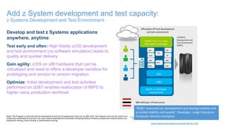 Develop and test z Systems applications
anywhere, anytime
Test early and often: High fidelity z/OS development
and test environment (no software simulation) leads to
quality and quicker delivery
Gain agility: z/OS on x86 hardware that can be
virtualized and reset to offers a developer sandbox for
prototyping and version to version migration
Optimize: Initial development and test activities
performed on zD&T enables reallocation of MIPS to
higher value production workload
Add z System development and test capacity:
z Systems Development and Test Environment
Affordable off host development
and test environment
IMS DB2
CICS
WAS MQ
z/OS
COBOL, PL/I, C++, Java,
EGL, Batch, Assembler,
X86 PC or HX5 Blade
running Linux
IBM SoftLayer Infrastructure
zD&T
RTC RIT
z Systems
Development and
Test Environment
(zD&T)
UCD
IDz
DT
“RD&T improved our development and testing timeline and
provided stability and quality” Developer, Large Enterprise
Computer Services Company
https://www.techvalidate.com/tvid/C99-3E2-1ED
Note: This Program is licensed only for development and test of applications that run on IBM z/OS. The Program may not be used to run
production workloads of any kind, nor more robust development workloads including without limitation production module builds, pre-
production testing, stress testing, or performance testing.
 