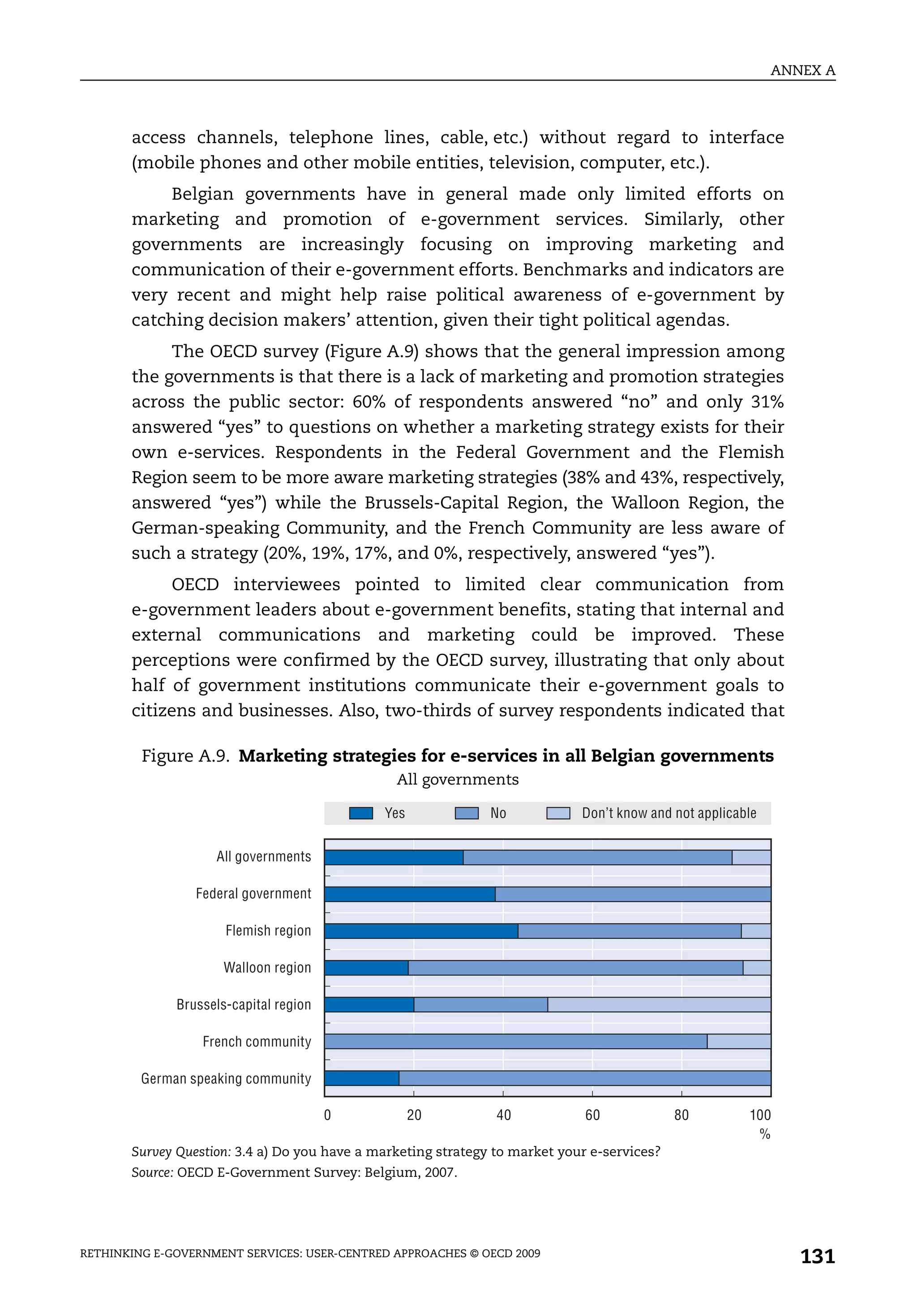 ANNEX A



       access channels, telephone lines, cable, etc.) without regard to interface
       (mobile phones and other mobile entities, television, computer, etc.).
            Belgian governments have in general made only limited efforts on
       marketing and promotion of e-government services. Similarly, other
       governments are increasingly focusing on improving marketing and
       communication of their e-government efforts. Benchmarks and indicators are
       very recent and might help raise political awareness of e-government by
       catching decision makers’ attention, given their tight political agendas.
            The OECD survey (Figure A.9) shows that the general impression among
       the governments is that there is a lack of marketing and promotion strategies
       across the public sector: 60% of respondents answered “no” and only 31%
       answered “yes” to questions on whether a marketing strategy exists for their
       own e-services. Respondents in the Federal Government and the Flemish
       Region seem to be more aware marketing strategies (38% and 43%, respectively,
       answered “yes”) while the Brussels-Capital Region, the Walloon Region, the
       German-speaking Community, and the French Community are less aware of
       such a strategy (20%, 19%, 17%, and 0%, respectively, answered “yes”).
             OECD interviewees pointed to limited clear communication from
       e-government leaders about e-government benefits, stating that internal and
       external communications and marketing could be improved. These
       perceptions were confirmed by the OECD survey, illustrating that only about
       half of government institutions communicate their e-government goals to
       citizens and businesses. Also, two-thirds of survey respondents indicated that

         Figure A.9. Marketing strategies for e-services in all Belgian governments
                                                All governments

                                              Yes              No            Don’t know and not applicable


                    All governments

                 Federal government

                      Flemish region

                      Walloon region

              Brussels-capital region

                  French community

         German speaking community

                                        0           20          40            60             80         100
                                                                                                         %
       Survey Question: 3.4 a) Do you have a marketing strategy to market your e-services?
       Source: OECD E-Government Survey: Belgium, 2007.




RETHINKING E-GOVERNMENT SERVICES: USER-CENTRED APPROACHES © OECD 2009
                                                                                                                131
 