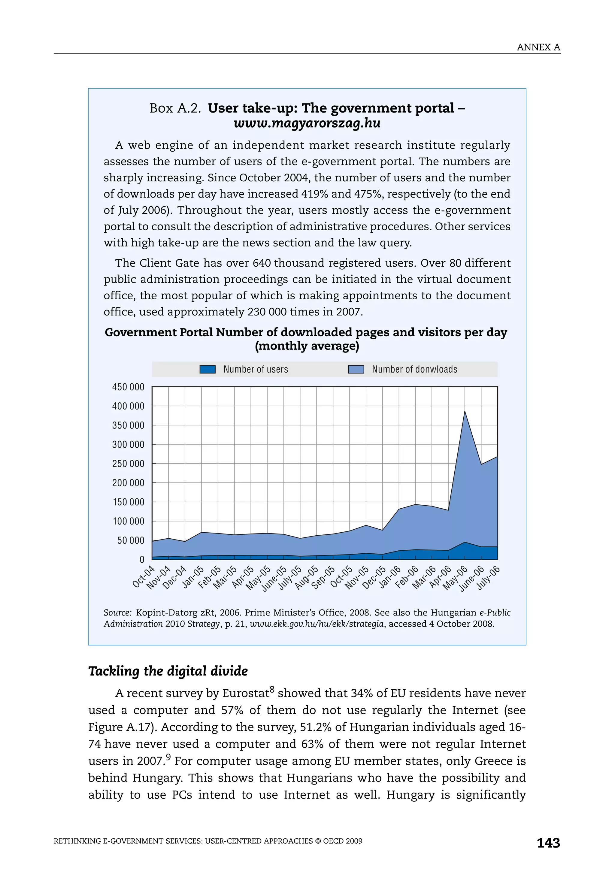ANNEX A




                       Box A.2. User take-up: The government portal –
                                   www.magyarorszag.hu
             A web engine of an independent market research institute regularly
           assesses the number of users of the e-government portal. The numbers are
           sharply increasing. Since October 2004, the number of users and the number
           of downloads per day have increased 419% and 475%, respectively (to the end
           of July 2006). Throughout the year, users mostly access the e-government
           portal to consult the description of administrative procedures. Other services
           with high take-up are the news section and the law query.
             The Client Gate has over 640 thousand registered users. Over 80 different
           public administration proceedings can be initiated in the virtual document
           office, the most popular of which is making appointments to the document
           office, used approximately 230 000 times in 2007.
           Government Portal Number of downloaded pages and visitors per day
                                  (monthly average)
                                      Number of users                    Number of donwloads
             450 000

             400 000

             350 000

             300 000

             250 000

             200 000

             150 000

             100 000

              50 000

                   0
                  No 0 4
                  De 0 4
                   Ja 4
                  Fe 05
                  M 05
                   Ap 5
                  M 5
                 Ju - 0 5
                  Ju - 0 5
                  Au 0 5
                  Se 05
                   Oc 5
                  No 5
                  De 05
                   Ja 0 5
                  Fe 6
                  M 06
                   Ap 06
                  M 6
                 Ju - 0 6
                  Ju - 0 6
                            6
                        -0
                      r-0




                          0
                      t- 0
                          0




                          0



                      r-0




                        -0
                      n-
                      b-




                        -
                      g-
                      p-


                      v-
                      c-


                      b-
                      n-



                        -
                      t-
                      v-
                      c-




                     ar




                     ar
                    ay


                     ly




                    ay


                     ly
                    ne




                    ne
                   Oc




           Source: Kopint-Datorg zRt, 2006. Prime Minister’s Office, 2008. See also the Hungarian e-Public
           Administration 2010 Strategy, p. 21, www.ekk.gov.hu/hu/ekk/strategia, accessed 4 October 2008.




       Tackling the digital divide
             A recent survey by Eurostat8 showed that 34% of EU residents have never
       used a computer and 57% of them do not use regularly the Internet (see
       Figure A.17). According to the survey, 51.2% of Hungarian individuals aged 16-
       74 have never used a computer and 63% of them were not regular Internet
       users in 2007.9 For computer usage among EU member states, only Greece is
       behind Hungary. This shows that Hungarians who have the possibility and
       ability to use PCs intend to use Internet as well. Hungary is significantly


RETHINKING E-GOVERNMENT SERVICES: USER-CENTRED APPROACHES © OECD 2009
                                                                                                                143
 