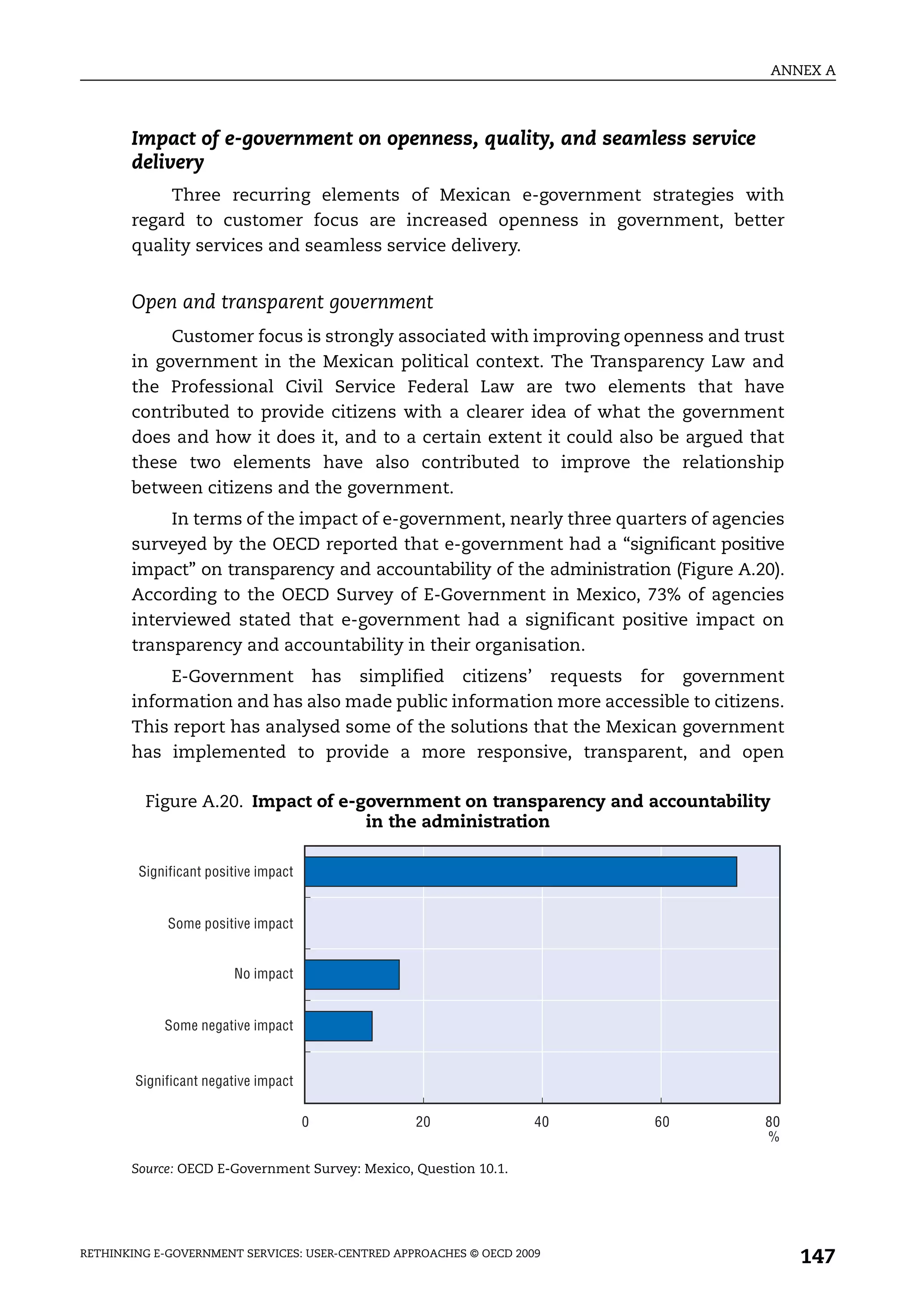 ANNEX A



       Impact of e-government on openness, quality, and seamless service
       delivery
            Three recurring elements of Mexican e-government strategies with
       regard to customer focus are increased openness in government, better
       quality services and seamless service delivery.


       Open and transparent government
            Customer focus is strongly associated with improving openness and trust
       in government in the Mexican political context. The Transparency Law and
       the Professional Civil Service Federal Law are two elements that have
       contributed to provide citizens with a clearer idea of what the government
       does and how it does it, and to a certain extent it could also be argued that
       these two elements have also contributed to improve the relationship
       between citizens and the government.
            In terms of the impact of e-government, nearly three quarters of agencies
       surveyed by the OECD reported that e-government had a “significant positive
       impact” on transparency and accountability of the administration (Figure A.20).
       According to the OECD Survey of E-Government in Mexico, 73% of agencies
       interviewed stated that e-government had a significant positive impact on
       transparency and accountability in their organisation.
            E-Government has simplified citizens’ requests for government
       information and has also made public information more accessible to citizens.
       This report has analysed some of the solutions that the Mexican government
       has implemented to provide a more responsive, transparent, and open

         Figure A.20. Impact of e-government on transparency and accountability
                                   in the administration

        Significant positive impact


             Some positive impact


                        No impact


             Some negative impact


        Significant negative impact

                                      0           20                40   60        80
                                                                                   %

       Source: OECD E-Government Survey: Mexico, Question 10.1.




RETHINKING E-GOVERNMENT SERVICES: USER-CENTRED APPROACHES © OECD 2009
                                                                                         147
 