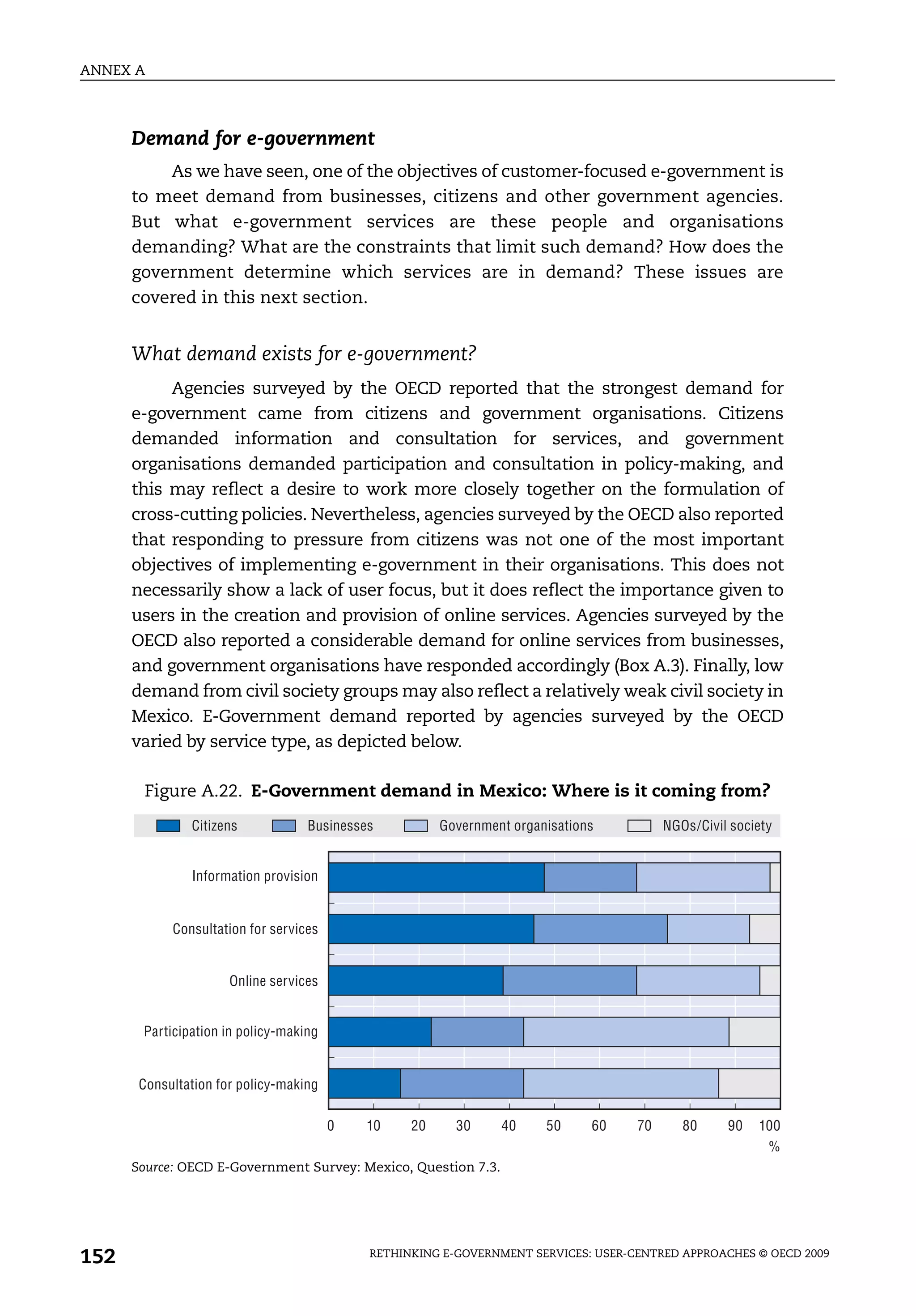 ANNEX A



      Demand for e-government
          As we have seen, one of the objectives of customer-focused e-government is
      to meet demand from businesses, citizens and other government agencies.
      But what e-government services are these people and organisations
      demanding? What are the constraints that limit such demand? How does the
      government determine which services are in demand? These issues are
      covered in this next section.


      What demand exists for e-government?
           Agencies surveyed by the OECD reported that the strongest demand for
      e-government came from citizens and government organisations. Citizens
      demanded information and consultation for services, and government
      organisations demanded participation and consultation in policy-making, and
      this may reflect a desire to work more closely together on the formulation of
      cross-cutting policies. Nevertheless, agencies surveyed by the OECD also reported
      that responding to pressure from citizens was not one of the most important
      objectives of implementing e-government in their organisations. This does not
      necessarily show a lack of user focus, but it does reflect the importance given to
      users in the creation and provision of online services. Agencies surveyed by the
      OECD also reported a considerable demand for online services from businesses,
      and government organisations have responded accordingly (Box A.3). Finally, low
      demand from civil society groups may also reflect a relatively weak civil society in
      Mexico. E-Government demand reported by agencies surveyed by the OECD
      varied by service type, as depicted below.

       Figure A.22. E-Government demand in Mexico: Where is it coming from?
               Citizens            Businesses          Government organisations          NGOs/Civil society


               Information provision


            Consultation for services


                      Online services


       Participation in policy-making


       Consultation for policy-making

                                        0   10    20     30     40     50     60    70      80     90   100
                                                                                                         %
      Source: OECD E-Government Survey: Mexico, Question 7.3.




152                                         RETHINKING E-GOVERNMENT SERVICES: USER-CENTRED APPROACHES © OECD 2009
 