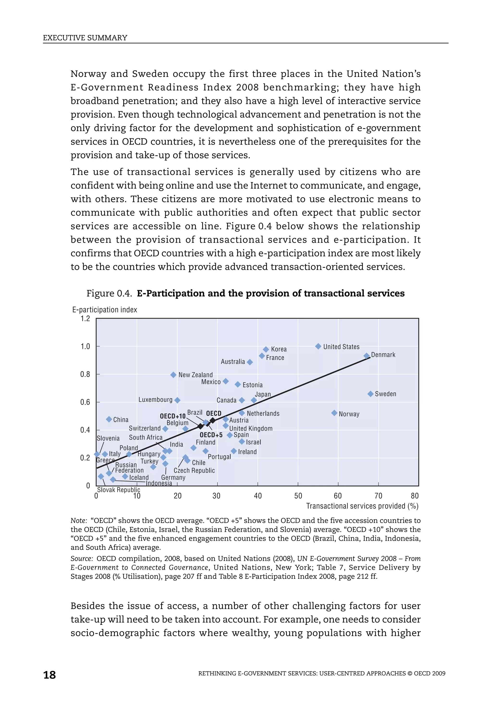 EXECUTIVE SUMMARY



     Norway and Sweden occupy the first three places in the United Nation’s
     E-Government Readiness Index 2008 benchmarking; they have high
     broadband penetration; and they also have a high level of interactive service
     provision. Even though technological advancement and penetration is not the
     only driving factor for the development and sophistication of e-government
     services in OECD countries, it is nevertheless one of the prerequisites for the
     provision and take-up of those services.
     The use of transactional services is generally used by citizens who are
     confident with being online and use the Internet to communicate, and engage,
     with others. These citizens are more motivated to use electronic means to
     communicate with public authorities and often expect that public sector
     services are accessible on line. Figure 0.4 below shows the relationship
     between the provision of transactional services and e-participation. It
     confirms that OECD countries with a high e-participation index are most likely
     to be the countries which provide advanced transaction-oriented services.

         Figure 0.4. E-Participation and the provision of transactional services
     E-participation index
       1.2


       1.0                                                                    Korea             United States
                                                                            France                              Denmark
                                                           Australia
       0.8                                 New Zealand
                                                  Mexico           Estonia
                                                                       Japan                                     Sweden
       0.6                   Luxembourg               Canada
                                            Brazil OECD           Netherlands                        Norway
                                   OECD+10
                  China              Belgium               Austria
       0.4             Switzerland                         United Kingdom
                                                OECD+5       Spain
           Slovenia South Africa
                                      India    Finland           Israel
                    Poland
               Italy      Hungary                             Ireland
       0.2 Greece                                   Portugal
                            Turkey            Chile
                  Russian
                  Federation            Czech Republic
                       Iceland     Germany
         0 Slovak Republic Indonesia
             0            10              20         30                40             50           60            70         80
                                                                                           Transactional services provided (%)
     Note: “OECD” shows the OECD average. “OECD +5” shows the OECD and the five accession countries to
     the OECD (Chile, Estonia, Israel, the Russian Federation, and Slovenia) average. “OECD +10” shows the
     “OECD +5” and the five enhanced engagement countries to the OECD (Brazil, China, India, Indonesia,
     and South Africa) average.
     Source: OECD compilation, 2008, based on United Nations (2008), UN E-Government Survey 2008 – From
     E-Government to Connected Governance, United Nations, New York; Table 7, Service Delivery by
     Stages 2008 (% Utilisation), page 207 ff and Table 8 E-Participation Index 2008, page 212 ff.



     Besides the issue of access, a number of other challenging factors for user
     take-up will need to be taken into account. For example, one needs to consider
     socio-demographic factors where wealthy, young populations with higher



18                                               RETHINKING E-GOVERNMENT SERVICES: USER-CENTRED APPROACHES © OECD 2009
 