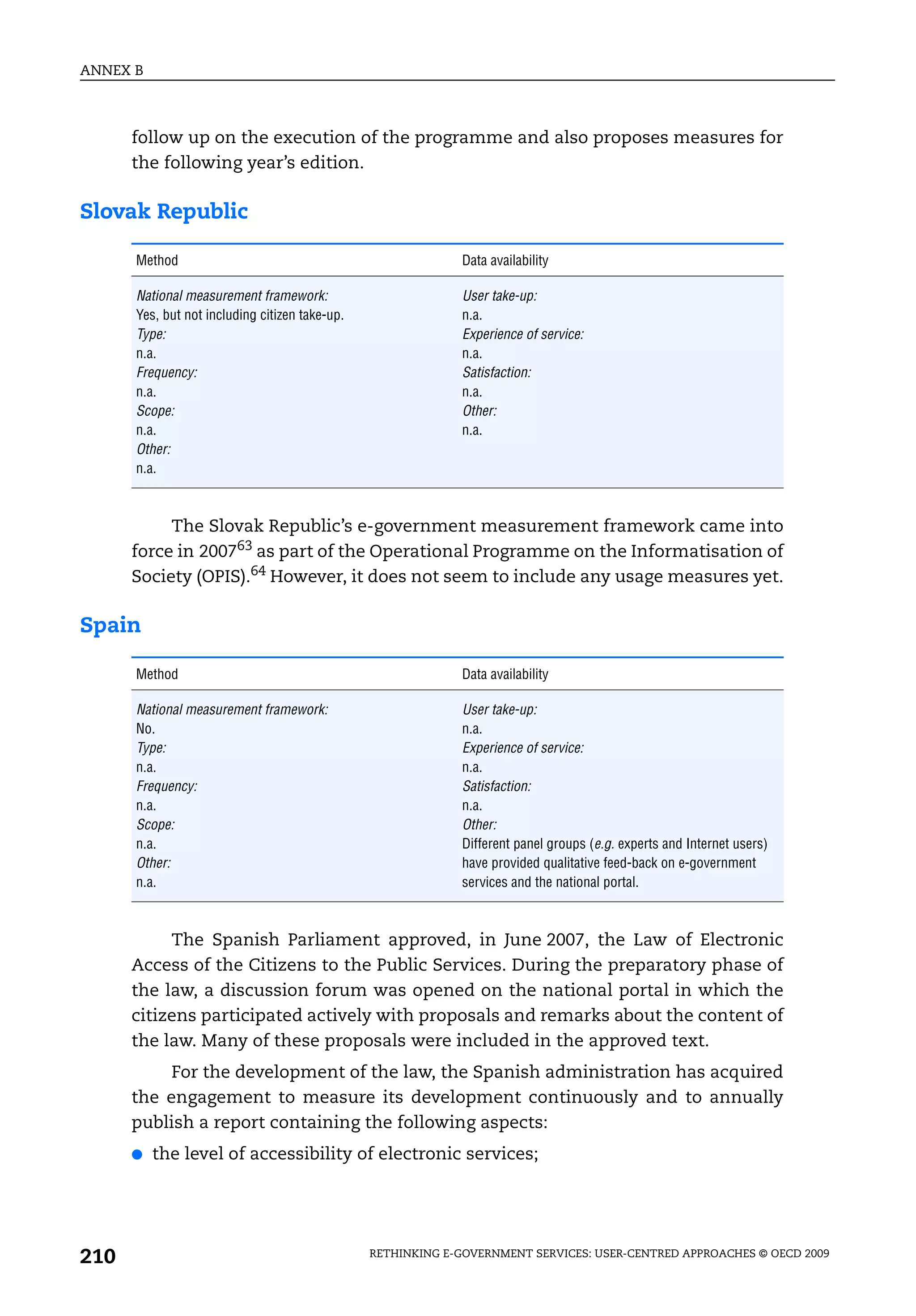 ANNEX B



      follow up on the execution of the programme and also proposes measures for
      the following year’s edition.

Slovak Republic

      Method                                                 Data availability

      National measurement framework:                        User take-up:
      Yes, but not including citizen take-up.                n.a.
      Type:                                                  Experience of service:
      n.a.                                                   n.a.
      Frequency:                                             Satisfaction:
      n.a.                                                   n.a.
      Scope:                                                 Other:
      n.a.                                                   n.a.
      Other:
      n.a.



           The Slovak Republic’s e-government measurement framework came into
      force in 200763 as part of the Operational Programme on the Informatisation of
      Society (OPIS).64 However, it does not seem to include any usage measures yet.

Spain

      Method                                                 Data availability

      National measurement framework:                        User take-up:
      No.                                                    n.a.
      Type:                                                  Experience of service:
      n.a.                                                   n.a.
      Frequency:                                             Satisfaction:
      n.a.                                                   n.a.
      Scope:                                                 Other:
      n.a.                                                   Different panel groups (e.g. experts and Internet users)
      Other:                                                 have provided qualitative feed-back on e-government
      n.a.                                                   services and the national portal.



           The Spanish Parliament approved, in June 2007, the Law of Electronic
      Access of the Citizens to the Public Services. During the preparatory phase of
      the law, a discussion forum was opened on the national portal in which the
      citizens participated actively with proposals and remarks about the content of
      the law. Many of these proposals were included in the approved text.
           For the development of the law, the Spanish administration has acquired
      the engagement to measure its development continuously and to annually
      publish a report containing the following aspects:
      ●   the level of accessibility of electronic services;




210                                             RETHINKING E-GOVERNMENT SERVICES: USER-CENTRED APPROACHES © OECD 2009
 