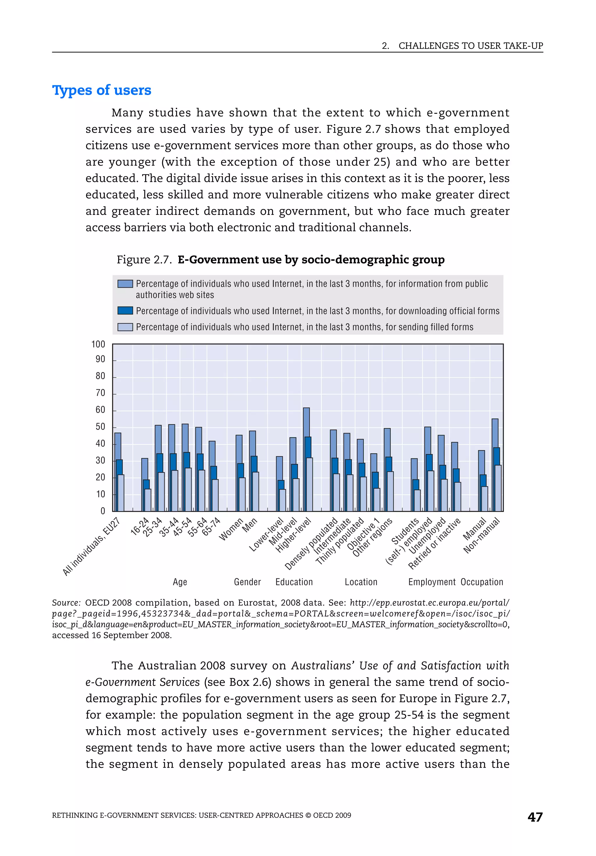 2.   CHALLENGES TO USER TAKE-UP




Types of users
              Many studies have shown that the extent to which e-government
         services are used varies by type of user. Figure 2.7 shows that employed
         citizens use e-government services more than other groups, as do those who
         are younger (with the exception of those under 25) and who are better
         educated. The digital divide issue arises in this context as it is the poorer, less
         educated, less skilled and more vulnerable citizens who make greater direct
         and greater indirect demands on government, but who face much greater
         access barriers via both electronic and traditional channels.

                      Figure 2.7. E-Government use by socio-demographic group

                         Percentage of individuals who used Internet, in the last 3 months, for information from public
                         authorities web sites
                         Percentage of individuals who used Internet, in the last 3 months, for downloading official forms
                         Percentage of individuals who used Internet, in the last 3 months, for sending filled forms
            100
            90
            80
            70
            60
            50
            40
            30
            20
             10
              0
                  7


                                          25 24
                                         35 4
                                          45 44
                                         55 4
                                          65 4
                                                4

                                               en
                                               en



                                        er ve l
                                Hi id- el


                                                  l




                                  he c t d

                                               ns

                       Re U mp en t s
                              ed p ed
                                       in e d




                                                  l
                                l y e ed

                                  O ul t e

                                         eg 1




                                        m al
                                                 e
                                              ve




                                              ua
                                              -7




                                             tiv
                 U2




                              O t bj e a te
                                             -5
                                             -3



                                             -6




                                    M -lev




                                    n- u
                                     r r ive
                                        p a
                                          om




                                            io



                          tr i nem loy
                                            M




                            in er m l a t




                                   or loy
                                             -


                                             -




                                   gh l e
                                          -le




                                           an
                                           an
                                   po di
                                          16




                                          ac
             ,E




                                    e d
                        T h In t p u
                                         r




                                No M
                                       W




                               f- ) t u
                                     we
            ls




                                     o




                            el S
         ua




                                  yp
                                  Lo
       id




                              el
      iv




                          ns
    nd




                        (s
                       De
  li
 Al




                                  Age              Gender     Education          Location         Employment Occupation

Source: OECD 2008 compilation, based on Eurostat, 2008 data. See: http://epp.eurostat.ec.europa.eu/portal/
page?_pageid=1996,45323734&_dad=portal&_schema=PORTAL&screen=welcomeref&open=/isoc/isoc_pi/
isoc_pi_d&language=en&product=EU_MASTER_information_society&root=EU_MASTER_information_society&scrollto=0,
accessed 16 September 2008.


              The Australian 2008 survey on Australians’ Use of and Satisfaction with
         e-Government Services (see Box 2.6) shows in general the same trend of socio-
         demographic profiles for e-government users as seen for Europe in Figure 2.7,
         for example: the population segment in the age group 25-54 is the segment
         which most actively uses e-government services; the higher educated
         segment tends to have more active users than the lower educated segment;
         the segment in densely populated areas has more active users than the



RETHINKING E-GOVERNMENT SERVICES: USER-CENTRED APPROACHES © OECD 2009
                                                                                                                             47
 