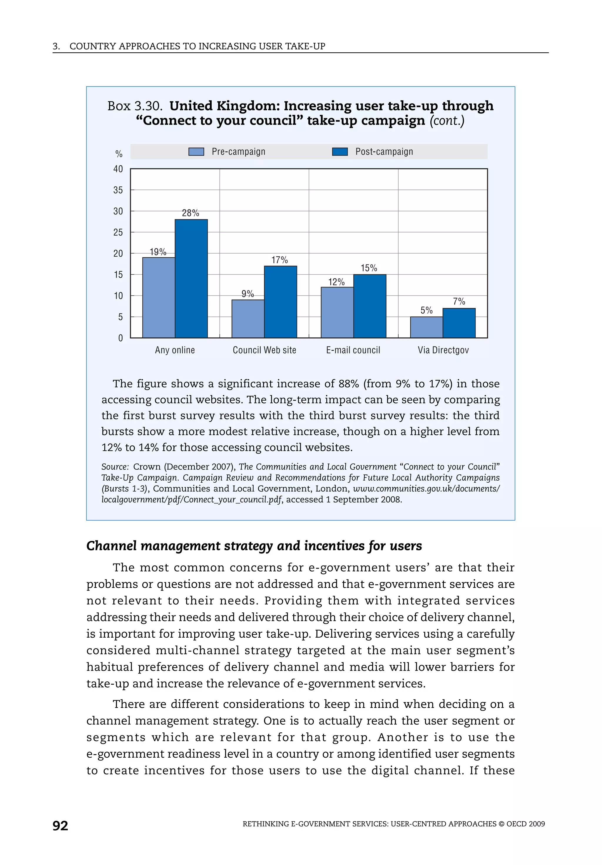 3.   COUNTRY APPROACHES TO INCREASING USER TAKE-UP




           Box 3.30. United Kingdom: Increasing user take-up through
               “Connect to your council” take-up campaign (cont.)

             %                     Pre-campaign                      Post-campaign
            40

            35

            30              28%

            25

            20       19%
                                                  17%
                                                                      15%
            15
                                                              12%
            10                            9%
                                                                                             7%
                                                                                     5%
             5

             0
                      Any online        Council Web site      E-mail council         Via Directgov


            The figure shows a significant increase of 88% (from 9% to 17%) in those
          accessing council websites. The long-term impact can be seen by comparing
          the first burst survey results with the third burst survey results: the third
          bursts show a more modest relative increase, though on a higher level from
          12% to 14% for those accessing council websites.
          Source: Crown (December 2007), The Communities and Local Government “Connect to your Council”
          Take-Up Campaign. Campaign Review and Recommendations for Future Local Authority Campaigns
          (Bursts 1-3), Communities and Local Government, London, www.communities.gov.uk/documents/
          localgovernment/pdf/Connect_your_council.pdf, accessed 1 September 2008.




       Channel management strategy and incentives for users
            The most common concerns for e-government users’ are that their
       problems or questions are not addressed and that e-government services are
       not relevant to their needs. Providing them with integrated services
       addressing their needs and delivered through their choice of delivery channel,
       is important for improving user take-up. Delivering services using a carefully
       considered multi-channel strategy targeted at the main user segment’s
       habitual preferences of delivery channel and media will lower barriers for
       take-up and increase the relevance of e-government services.
            There are different considerations to keep in mind when deciding on a
       channel management strategy. One is to actually reach the user segment or
       segments which are relevant for that group. Another is to use the
       e-government readiness level in a country or among identified user segments
       to create incentives for those users to use the digital channel. If these



92                                        RETHINKING E-GOVERNMENT SERVICES: USER-CENTRED APPROACHES © OECD 2009
 