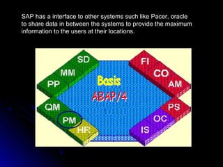 SAP has a interface to other systems such like Pacer, oracle
to share data in between the systems to provide the maximum
information to the users at their locations.
 
