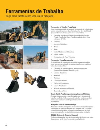 10
Ferramentas de Trabalho
Faça mais tarefas com uma única máquina.
Ferramentas de Trabalho Para a Retro
Uma grande quantidade de opções de ferramentas de trabalho para
a retro, incluindo um novo dedo hidráulico, lhe dá a flexibilidade
para atender mais clientes e com maior lucratividade.
Caçambas para Serviço Padrão, Serviço Pesado, Serviço•	
Pesado Para Rocha, Trava-Pino, Escavação de Solo, Coral
e Limpeza de Valas.
Fresadora•	
Martelos Hidráulicos•	
Brocas•	
Ríper•	
Dedos Mecânicos e Hidráulicos•	
Engate Rápido•	
Compactador de Placa Vibratória•	
Ferramentas Para a Carregadeira
A versátil linha de ferramentas de trabalho para a carregadeira
inclui uma ampla variedade de opções, desde lâminas anguláveis
até cortadores de asfalto:
Caçambas de Aplicação Geral, Múltiplas Aplicações,•	
Despejo Lateral e para Materiais Leves
Lâminas Anguláveis•	
Vassoura•	
Ancinhos•	
Cortador de Asfalto•	
Garfos de Carregadeira•	
Lanças Para Fardos•	
Braço de Manuseio de Materiais•	
Removedor de Neve•	
Engate Rápido Para Carregadeira de Aplicações Múltiplas
O engate rápido permite a conexão rápida com a ferramenta de
trabalho escolhida. As ferramentas de trabalho mecânicas podem
ser trocadas em menos de 30 segundos no conforto do posto
do operador.
A caçamba certa faz toda a diferença
Para obter o melhor desempenho da sua retroescavadeira Caterpillar,
certifique-se de que a sua máquina está equipada com a caçamba
e com dentes apropriados. A caçamba para escavação de solos
proporciona a melhor produtividade na maioria das condições.
DRS 230 (Sistema de Retenção Diagonal)
Os dentes de caçambas para serviços pesados são fixados com pinos
diagonais em vez de pinos horizontais para fácil troca.
 