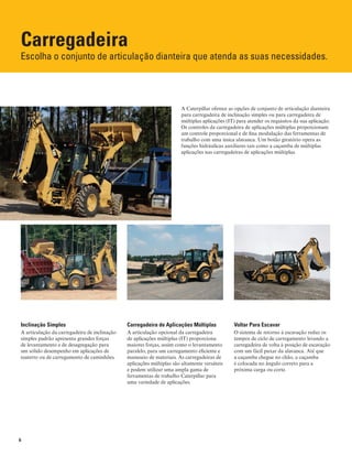 6
Carregadeira
Escolha o conjunto de articulação dianteira que atenda as suas necessidades.
A Caterpillar oferece as opções de conjunto de articulação dianteira
para carregadeira de inclinação simples ou para carregadeira de
múltiplas aplicações (IT) para atender os requisitos da sua aplicação.
Os controles da carregadeira de aplicações múltiplas proporcionam
um controle proporcional e de fina modulação das ferramentas de
trabalho com uma única alavanca. Um botão giratório opera as
funções hidráulicas auxiliares tais como a caçamba de múltiplas
aplicações nas carregadeiras de aplicações múltiplas.
Inclinação Simples
A articulação da carregadeira de inclinação
simples padrão apresenta grandes forças
de levantamento e de desagregação para
um sólido desempenho em aplicações de
reaterro ou de carregamento de caminhões.
Carregadeira de Aplicações Múltiplas
A articulação opcional da carregadeira
de aplicações múltiplas (IT) proporciona
maiores forças, assim como o levantamento
paralelo, para um carregamento eficiente e
manuseio de materiais. As carregadeiras de
aplicações múltiplas são altamente versáteis
e podem utilizar uma ampla gama de
ferramentas de trabalho Caterpillar para
uma variedade de aplicações.
Voltar Para Escavar
O sistema de retorno à escavação reduz os
tempos de ciclo de carregamento levando a
carregadeira de volta à posição de escavação
com um fácil puxar da alavanca. Até que
a caçamba chegue no chão, a caçamba
é colocada no ângulo correto para a
próxima carga ou corte.
 
