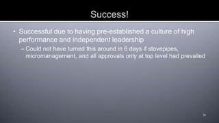Success Enablers
• Leadership development
– Infuse in culture of management, engineering, operations, crews
– Purposeful d...
