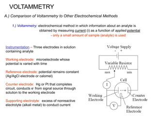 VOLTAMMETRY
A.) Comparison of Voltammetry to Other Electrochemical Methods
1.) Voltammetry: electrochemical method in which information about an analyte is
obtained by measuring current (i) as a function of applied potential
- only a small amount of sample (analyte) is used
Instrumentation – Three electrodes in solution
containing analyte
Working electrode: microelectrode whose
potential is varied with time
Reference electrode: potential remains constant
(Ag/AgCl electrode or calomel)
Counter electrode: Hg or Pt that completes
circuit, conducts e- from signal source through
solution to the working electrode
Supporting electrolyte: excess of nonreactive
electrolyte (alkali metal) to conduct current
 