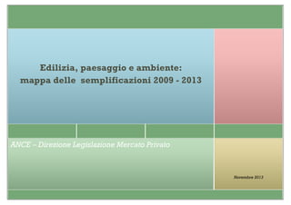 Edilizia, paesaggio e ambiente:
mappa delle semplificazioni 2009 - 2013

ANCE – Direzione Legislazione Mercato Privato

Novembre 2013

 