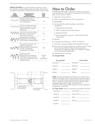 How to OrderThe following information is necessary to quote or ship to your
exact requirements. Prompt service is assured if this information is
given on your inquiry or order.
1. Application: Driver & Driven
2. Power: Normal HP, Maximum HP or Torque (lb-in)
3. Speed (RPM)
4. For Type T63 Disc Brake Couplings, furnish brake
requirements.
A. Holding torque requirement.
B. WR2
of rotating parts (at brake location.)
C. Frequency of stops.
D. Rate of deceleration required — desired stop time and
stopping rpm.
5. Quantity
6. Coupling Size and Type e.g., 110T41 or 1070T10
7. Shaft Gap or distance between shaft ends (BE Dimension)
8. Bore Sizes: Must Specify clearance or interference fit, or fit will
be furnished per Table 27, Page 43. Bore sizes will be
furnished as per Table 28 on Page 43 or Table 30 on Pages
44-45 unless specified differently.
9. Shaft Dimensions as follows:
For Straight Shafts:
Driving Shaft Driven Shaft
Diameter U Diameter U
Tolerance Tolerance
Length V Length V
Keyway Keyway
NOTE: Provide shaft tolerances if different than those shown in
Tables 27-30, Pages 43-45. Unless otherwise specified, keyway
sizes in inch shafts will be furnished based on key sizes listed in
Table 13, Page 36, to Falk tolerances; metric keyways will be
furnished for keys listed in Table 13, Page 36 per
ISO/R773-1969 and JS9 width tolerances. For other shaft/bore
requirements, consult Falk.
For Taper Shafts: keyway is assumed to be parallel to the bore.
Diameter U Across Flats
Length V Corners ZW
Length W Taper
Length X Keyway
Length Y
© Rexnord Industries, Inc. 1963, 2005. (421-110) 13
Typical applications for
electric motor or
turbine driven equipment
Typical
Service
Factor
Constant Torque such as
Centrifugal Pumps, Blowers,
and Compressors.
1.0
Continuous duty with some
torque variations including
Plastic Extruders, Forced
Draft Fans.
1.5
Light shock loads from Metal
Extruders, Cooling Towers,
Cane Knife, Log Haul.
2.0
Moderate shock loading as
expected from a Car Dumper,
Stone Crusher, Vibrating Screen.
2.5
Heavy shock load with some
negative torques from
Roughing Mills, Reciprocating
Pumps, Compressors,
Reversing Runout Tables,
3.0
Applications like
Reciprocating Compressors
with frequent torque reversals,
which do not necessarily cause
reverse rotations.
Consult
Falk
Engineering
Torque
Demands
Driven Machine
V
V
Y W
X
U UZW
GAPIF MACHINES ARE
IN PLACE FURNISH
GAP DIMENSION. TAPER PER LENGTH
ON DIAMETER
SERVICE FACTORS are a guide, based on experience, of the
ratio between coupling catalog rating and system characteristics.
The system characteristics are best measured with a torque meter.
 