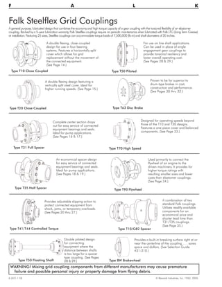 Falk Steelflex Grid Couplings
A general purpose, lubricated design that combines the economy and high torque capacity of a gear coupling with the torsional flexibility of an elastomer
coupling. Backed by a 5–year lubrication warranty, Falk Steelflex couplings require no periodic maintenance when lubricated with Falk LTG (Long Term Grease)
at installation. Featuring 25 sizes, Steelflex couplings can accommodate torque loads of 7,500,000 (lb-in) and shaft diameters of 20 inches.
6 (421-110) © Rexnord Industries, Inc. 1963, 2005.
F A L K
WARNING! Mixing grid coupling components from different manufacturers may cause premature
failure and possible personal injury or property damage from flying debris.
Used primarily to connect the
flywheel of an engine to the
driven machinery. It provides for
higher torque ratings with
resulting smaller sizes and lower
costs than elastomer couplings.
(See Page 34.)
Double piloted design
for connecting
equipment where the
distance between shafts
is too large for a spacer
type coupling. (See Pages
28 & 29.)
Proven to be far superior to
drum-type brakes in cost,
construction and performance.
(See Pages 30 thru 32.)
Complete center section drops
out for easy service of connected
equipment bearings and seals.
Ideal for pump applications.
(See Pages 16 & 17.)
A combination of two
standard Falk couplings.
Utilizes readily available
components for an
economical price and
shorter lead time than
T31/T35 couplings.
(See Page 35.)
An economical spacer design
for easy service of connected
equipment bearings and seals.
Ideal for pump applications.
(See Pages 18 & 19.)
Type T10 Close Coupled Type T50 Piloted
Type T50 Floating Shaft Type BW Brakewheel
Type T10/G82 SpacerType T41/T44 Controlled Torque
Type T35 Half Spacer Type T90 Flywheel
Type T31 Full Spacer Type T70 High Speed
Type T20 Close Coupled Type T63 Disc Brake
Provides a built-in breaking surface right at or
near the centerline of the coupling . . . saves
space and dollars. (See Selection Guide
431-310.)
Provides adjustable slipping action to
protect connected equipment from
shock, jams, or temporary overloads.
(See Pages 20 thru 27.)
Designed for operating speeds beyond
those of the T10 and T20 designs.
Features a one-piece cover and balanced
components. (See Page 33.)
A double flexing design featuring a
vertically split steel cover. Ideal for
higher running speeds. (See Page 15.)
For use on line shaft applications.
Can be used in place of single
engagement gear couplings to
provide torsional resiliency and
lower overall operating cost.
(See Pages 28 & 29.)
A double flexing, close-coupled
design for use in four bearing
systems. Features a horizontally split
cover which allows for grid
replacement without the movement of
the connected equipment.
(See Page 14.)
 