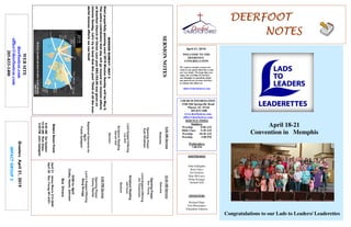 DEERFOOTDEERFOOTDEERFOOTDEERFOOT
NOTESNOTESNOTESNOTES
April 21, 2019
GreetersApril21,2019
IMPACTGROUP3
WELCOME TO THE
DEERFOOT
CONGREGATION
We want to extend a warm wel-
come to any guests that have come
our way today. We hope that you
enjoy our worship. If you have
any thoughts or questions about
any part of our services, feel free
to contact the elders at:
elders@deerfootcoc.com
CHURCH INFORMATION
5348 Old Springville Road
Pinson, AL 35126
205-833-1400
www.deerfootcoc.com
office@deerfootcoc.com
SERVICE TIMES
Sundays:
Worship 8:00 AM
Bible Class 9:30 AM
Worship 10:30 AM
Worship 5:00 PM
Wednesdays:
7:00 PM
SHEPHERDS
John Gallagher
Rick Glass
Sol Godwin
Skip McCurry
Doug Scruggs
Darnell Self
MINISTERS
Richard Harp
Tim Shoemaker
Johnathan Johnson
SERMONNOTES
10:30AMService
Welcome
OpeningPrayer
DonYoung
LordSupper/Offering
JimTimmerman
ScriptureReading
JeffHood
Sermon
————————————————————
5:00PMService
OpeningPrayer
KennyRachal
Lord’sSupper/Offering
DougScrugg
DOMforApril
Cosby,Hayes,Johnson
BusDrivers
April21JamesMorris515-5644
April28DonYoung441-6321
WEBSITE
deerfootcoc.com
office@deerfootcoc.com
205-833-1400
8:00AMService
Welcome
OpeningPrayer
KyleWindham
LordSupper/Offering
LesSelf
ScriptureReading
DarnellSelf
Sermon
BaptismalGarmentsfor
April
FreidaGallagher
April 18-21
Convention in Memphis
Congratulations to our Lads to Leaders/ Leaderettes
EldersDownFront
8:00AMSolGodwin
10:30AMRickGlass
5:00PMJohnGallagher
MISSIONSUNDAY—MAY5
Startprayerfullyplanningnow!2019MissionSundaywillbeMay5.
Theentirecontributionthatdaywillgotowardourmissionefforts
atDeerfootChurchofChrist.Lastyear$83,152.00wasgivenon
missionSunday.Let’strytobeatthatthisyear!Thinkofallthewon-
derfulmissioneffortswecanfund!
 