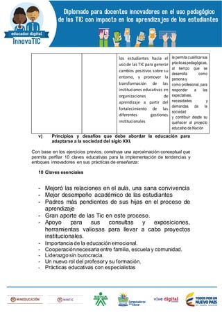 los estudiantes hacia el
uso de las TIC para generar
cambios positivos sobre su
entorno, y promover la
transformación de las
instituciones educativas en
organizaciones de
aprendizaje a partir del
fortalecimiento de las
diferentes gestiones
institucionales
le permitacualificarsus
prácticaspedagógicas,
al tiempo que se
desarrolla como
persona y
como profesional, para
responder a las
expectativas,
necesidades y
demandas de la
sociedad
y contribuir desde su
quehacer al proyecto
educativo de Nación
v) Principios y desafíos que debe abordar la educación para
adaptarse a la sociedad del siglo XXI.
Con base en los ejercicios previos, construya una aproximación conceptual que
permita perfilar 10 claves educativas para la implementación de tendencias y
enfoques innovadores en sus prácticas de enseñanza:
10 Claves esenciales
- Mejoró las relaciones en el aula, una sana convivencia
- Mejor desempeño académico de las estudiantes
- Padres más pendientes de sus hijas en el proceso de
aprendizaje
- Gran aporte de las Tic en este proceso.
- Apoyo para sus consultas y exposiciones,
herramientas valiosas para llevar a cabo proyectos
institucionales.
- Importancia de la educación emocional.
- Cooperaciónnecesariaentre familia, escuela y comunidad.
- Liderazgo sin burocracia.
- Un nuevo rol del profesory su formación.
- Prácticas educativas con especialistas
 