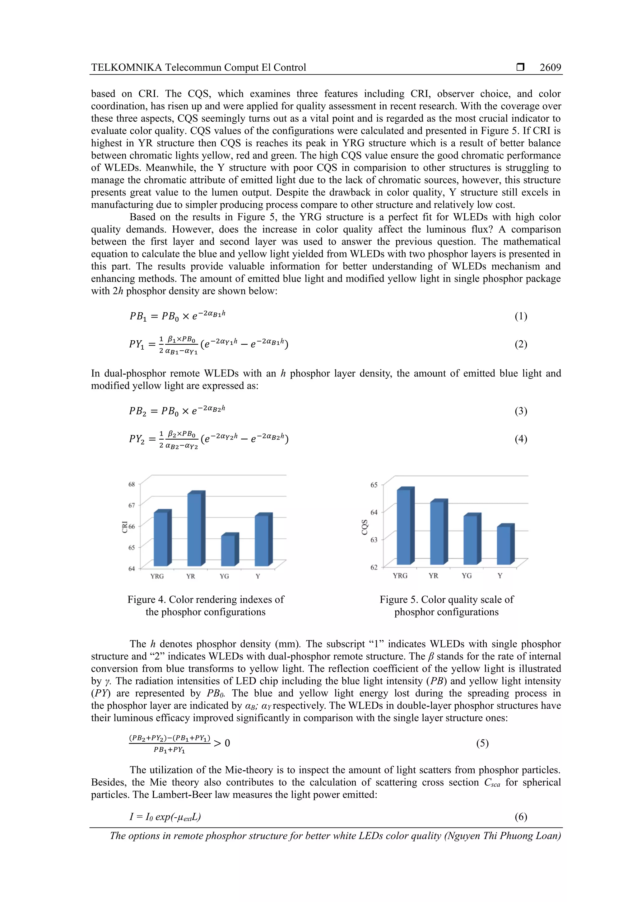 TELKOMNIKA Telecommun Comput El Control 
The options in remote phosphor structure for better white LEDs color quality (Nguyen Thi Phuong Loan)
2609
based on CRI. The CQS, which examines three features including CRI, observer choice, and color
coordination, has risen up and were applied for quality assessment in recent research. With the coverage over
these three aspects, CQS seemingly turns out as a vital point and is regarded as the most crucial indicator to
evaluate color quality. CQS values of the configurations were calculated and presented in Figure 5. If CRI is
highest in YR structure then CQS is reaches its peak in YRG structure which is a result of better balance
between chromatic lights yellow, red and green. The high CQS value ensure the good chromatic performance
of WLEDs. Meanwhile, the Y structure with poor CQS in comparision to other structures is struggling to
manage the chromatic attribute of emitted light due to the lack of chromatic sources, however, this structure
presents great value to the lumen output. Despite the drawback in color quality, Y structure still excels in
manufacturing due to simpler producing process compare to other structure and relatively low cost.
Based on the results in Figure 5, the YRG structure is a perfect fit for WLEDs with high color
quality demands. However, does the increase in color quality affect the luminous flux? A comparison
between the first layer and second layer was used to answer the previous question. The mathematical
equation to calculate the blue and yellow light yielded from WLEDs with two phosphor layers is presented in
this part. The results provide valuable information for better understanding of WLEDs mechanism and
enhancing methods. The amount of emitted blue light and modified yellow light in single phosphor package
with 2h phosphor density are shown below:
𝑃𝐵1 = 𝑃𝐵0 × 𝑒−2𝛼 𝐵1ℎ
(1)
𝑃𝑌1 =
1
2
𝛽1×𝑃𝐵0
𝛼 𝐵1−𝛼 𝑌1
(𝑒−2𝛼 𝑌1ℎ
− 𝑒−2𝛼 𝐵1ℎ
) (2)
In dual-phosphor remote WLEDs with an h phosphor layer density, the amount of emitted blue light and
modified yellow light are expressed as:
𝑃𝐵2 = 𝑃𝐵0 × 𝑒−2𝛼 𝐵2ℎ
(3)
𝑃𝑌2 =
1
2
𝛽2×𝑃𝐵0
𝛼 𝐵2−𝛼 𝑌2
(𝑒−2𝛼 𝑌2ℎ
− 𝑒−2𝛼 𝐵2ℎ
) (4)
Figure 4. Color rendering indexes of
the phosphor configurations
Figure 5. Color quality scale of
phosphor configurations
The h denotes phosphor density (mm). The subscript “1” indicates WLEDs with single phosphor
structure and “2” indicates WLEDs with dual-phosphor remote structure. The β stands for the rate of internal
conversion from blue transforms to yellow light. The reflection coefficient of the yellow light is illustrated
by γ. The radiation intensities of LED chip including the blue light intensity (PB) and yellow light intensity
(PY) are represented by PB0. The blue and yellow light energy lost during the spreading process in
the phosphor layer are indicated by αB; αY respectively. The WLEDs in double-layer phosphor structures have
their luminous efficacy improved significantly in comparison with the single layer structure ones:
(𝑃𝐵2+𝑃𝑌2)−(𝑃𝐵1+𝑃𝑌1)
𝑃𝐵1+𝑃𝑌1
> 0 (5)
The utilization of the Mie-theory is to inspect the amount of light scatters from phosphor particles.
Besides, the Mie theory also contributes to the calculation of scattering cross section Csca for spherical
particles. The Lambert-Beer law measures the light power emitted:
I = I0 exp(-µextL) (6)
 
