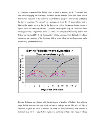is a continuos process until the follicle either ovulates or becomes atretic. Transrectal real-time 
ultrasonography has confirmed that most bovine oestrous cycle have either two or 
three waves. The onset of the first wave is detected as a group of 4 mm follicles just before 
the day of ovulation. The second wave emerges at about day 10 postovulation and is 
followed by another wave at day 16 for three-wave cycles. The corpus luteum begins to 
regress earlier in 2-wave cycles (day 17) than in 3-wave cycles (day 20). Therefore, three-wave 
cycles have a longer luteal phase (22.8 days) and a longer interovulatory interval than 
do two-wave cycles (20.4 days). The ovulatory follicle originates from the final wave. Final 
maturation and ovulation of the dominant follicle occur following luteal regression and a 
preovulatory gonadotropin surge. 
Bovine follicular wave dynamics in 
2-wave oestrus cycle 
18 
16 
Follicle diameter (mm) 
14 
12 
10 
0 2 4 6 8 
-1 1 3 5 7 9 11 13 15 17 19 21 
Days after ovulation 
The first follicular wave begins with the recruitment of a cohort of follicles from which a 
single follicle continues to grow while the others undergo atresia. The selected follicle 
continues to grow to reach a diameter of about 15 mm (dominance) and remains at 
maximum size for 2 - 3 days before regression, and there is then a new wave of follicle 
 