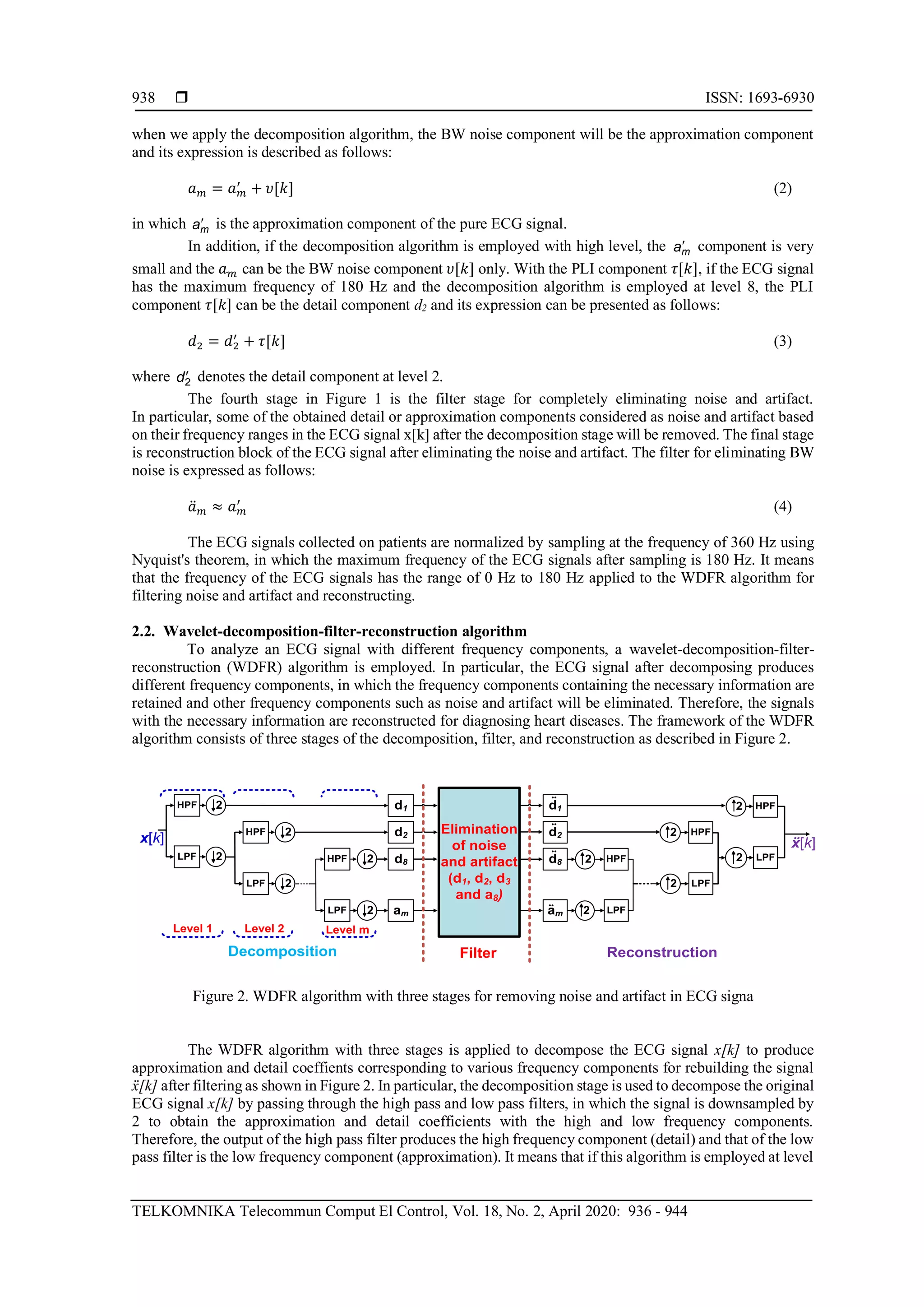  ISSN: 1693-6930
TELKOMNIKA Telecommun Comput El Control, Vol. 18, No. 2, April 2020: 936 - 944
938
when we apply the decomposition algorithm, the BW noise component will be the approximation component
and its expression is described as follows:
𝑎 𝑚 = 𝑎 𝑚
′
+ 𝜐[𝑘] (2)
in which ma is the approximation component of the pure ECG signal.
In addition, if the decomposition algorithm is employed with high level, the ma component is very
small and the 𝑎 𝑚 can be the BW noise component 𝜐[𝑘] only. With the PLI component 𝜏[𝑘], if the ECG signal
has the maximum frequency of 180 Hz and the decomposition algorithm is employed at level 8, the PLI
component 𝜏[𝑘] can be the detail component d2 and its expression can be presented as follows:
𝑑2 = 𝑑2
′
+ 𝜏[𝑘] (3)
where 2d denotes the detail component at level 2.
The fourth stage in Figure 1 is the filter stage for completely eliminating noise and artifact.
In particular, some of the obtained detail or approximation components considered as noise and artifact based
on their frequency ranges in the ECG signal x[k] after the decomposition stage will be removed. The final stage
is reconstruction block of the ECG signal after eliminating the noise and artifact. The filter for eliminating BW
noise is expressed as follows:
𝑎̈ 𝑚 ≈ 𝑎 𝑚
′
(4)
The ECG signals collected on patients are normalized by sampling at the frequency of 360 Hz using
Nyquist's theorem, in which the maximum frequency of the ECG signals after sampling is 180 Hz. It means
that the frequency of the ECG signals has the range of 0 Hz to 180 Hz applied to the WDFR algorithm for
filtering noise and artifact and reconstructing.
2.2. Wavelet-decomposition-filter-reconstruction algorithm
To analyze an ECG signal with different frequency components, a wavelet-decomposition-filter-
reconstruction (WDFR) algorithm is employed. In particular, the ECG signal after decomposing produces
different frequency components, in which the frequency components containing the necessary information are
retained and other frequency components such as noise and artifact will be eliminated. Therefore, the signals
with the necessary information are reconstructed for diagnosing heart diseases. The framework of the WDFR
algorithm consists of three stages of the decomposition, filter, and reconstruction as described in Figure 2.
Figure 2. WDFR algorithm with three stages for removing noise and artifact in ECG signa
The WDFR algorithm with three stages is applied to decompose the ECG signal x[k] to produce
approximation and detail coeffients corresponding to various frequency components for rebuilding the signal
ẍ[k] after filtering as shown in Figure 2. In particular, the decomposition stage is used to decompose the original
ECG signal x[k] by passing through the high pass and low pass filters, in which the signal is downsampled by
2 to obtain the approximation and detail coefficients with the high and low frequency components.
Therefore, the output of the high pass filter produces the high frequency component (detail) and that of the low
pass filter is the low frequency component (approximation). It means that if this algorithm is employed at level
 