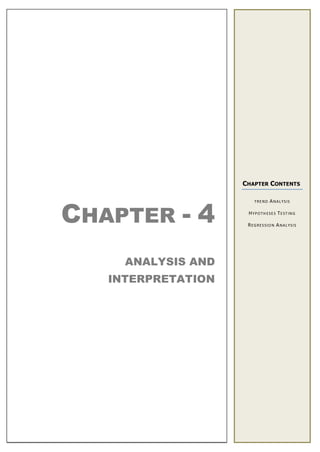 CHAPTER - 4
ANALYSIS AND
INTERPRETATION
CHAPTER CONTENTS
TREND ANALYSIS
HYPOTHESES TESTING
REGRESSION ANALYSIS
 
